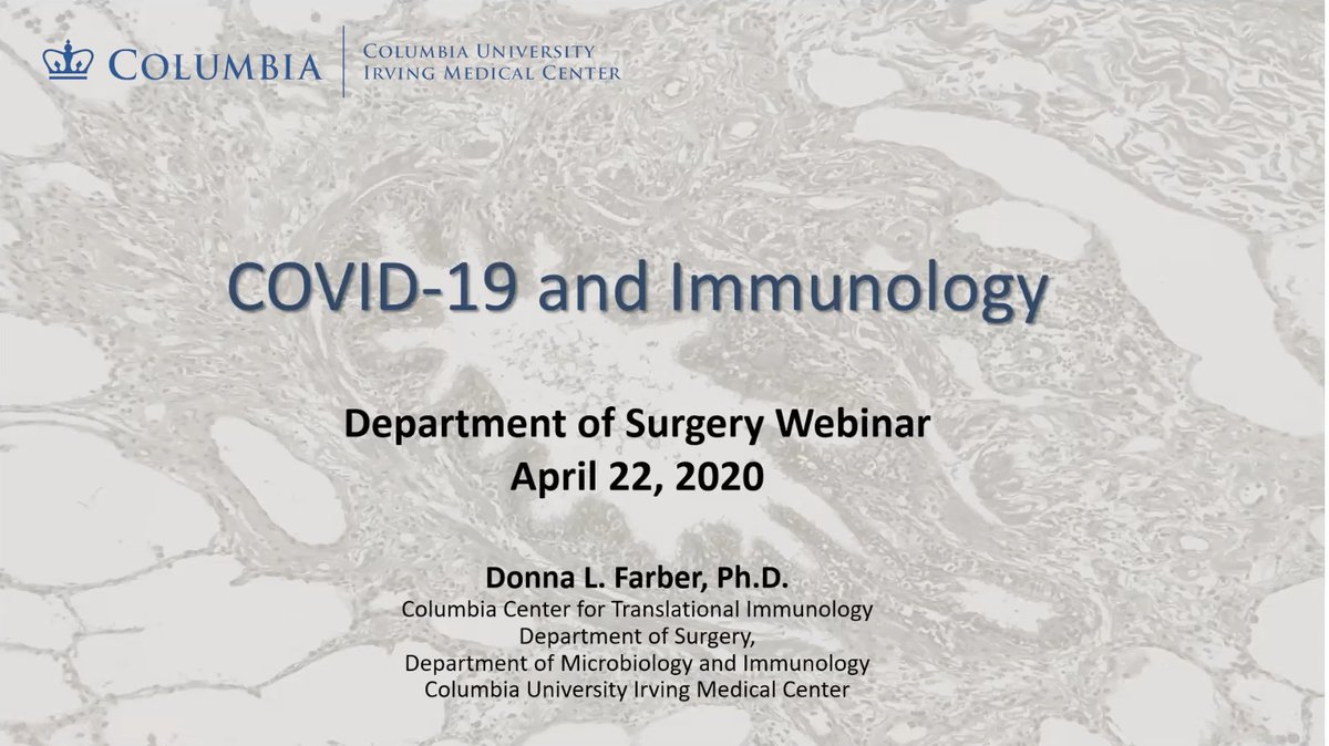 Donna Farber is an immunologist who studies the immune response to respiratory viruses, lung immunity, and human immunology. The COVID-19 and Immunology webinar starts now! Follow along  #FarberCOVID19
