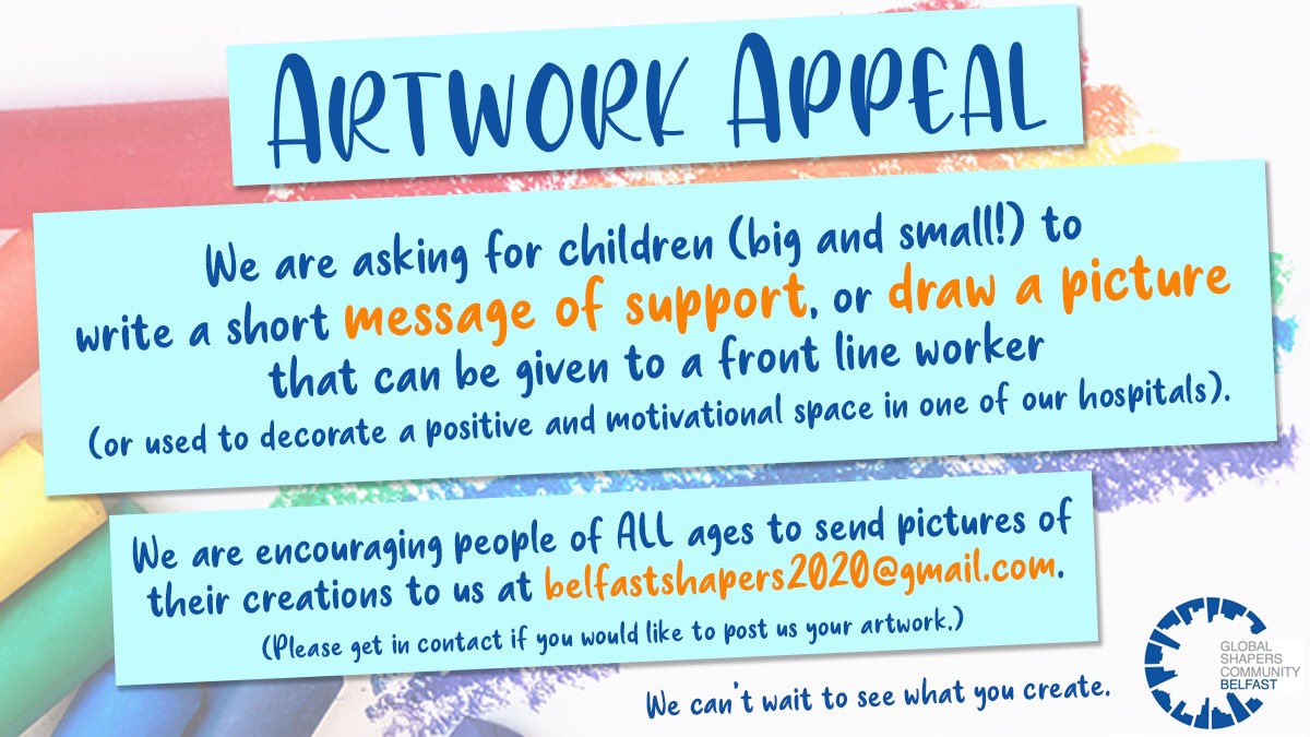 Here’s some fantastic submissions we have received for our #ArtworkAppeal 🙌
 
Show your love &amp; appreciation by writing a message of support or drawing a picture that can be given to a frontline worker.
 
Send your creations to belfastshapers2020@gmail.com

#CraftForOurCarers