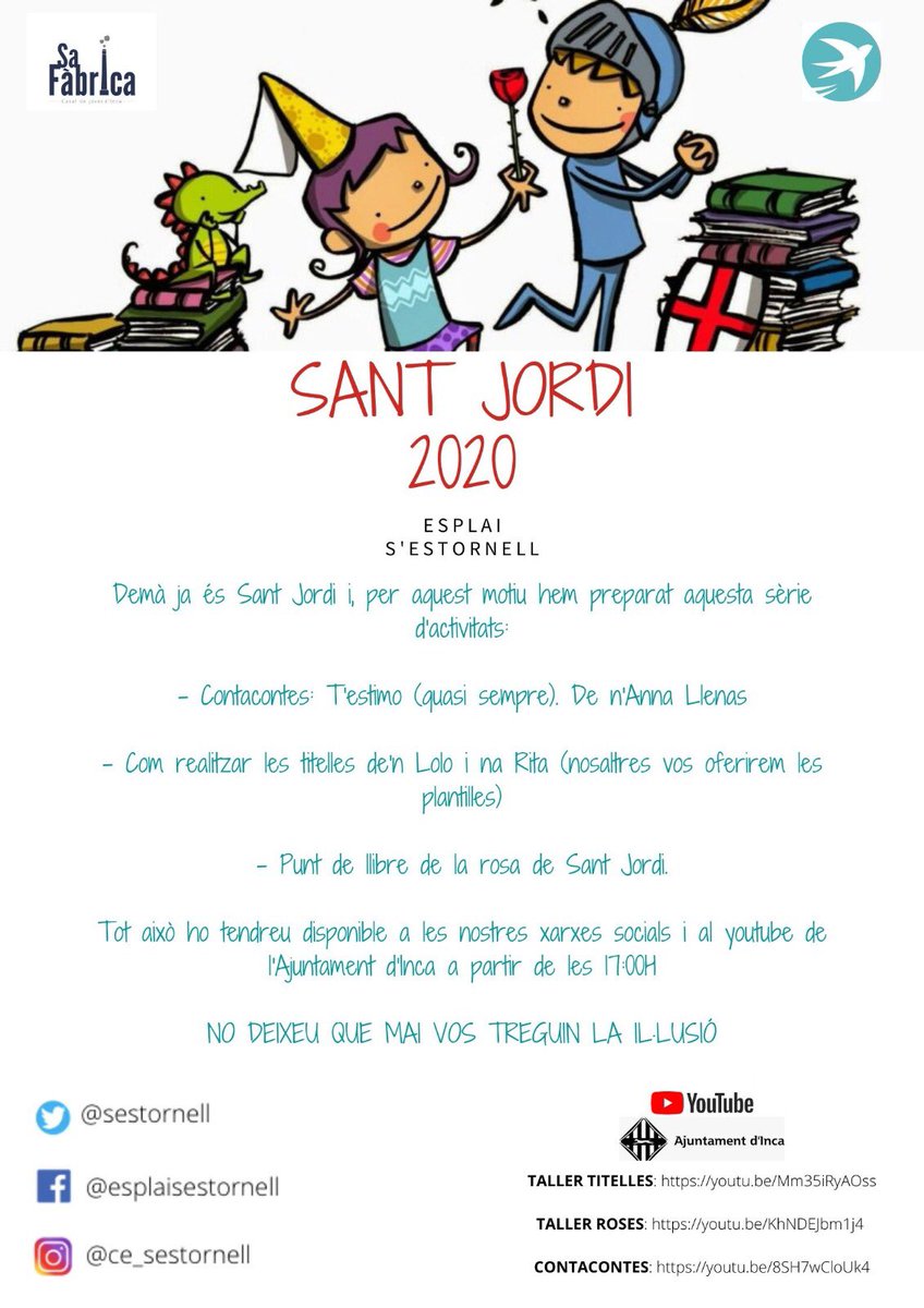 Hola a tots i a totes...

Demà tenim planejades una sèrie de propostes per celebrar el dia de Sant Jordi! 🌹

No vos les podeu perdre! <a href="/CasalJovesInca/">CasalJovesInca</a> <a href="/incaciutat/">Ajuntament d’Inca</a>