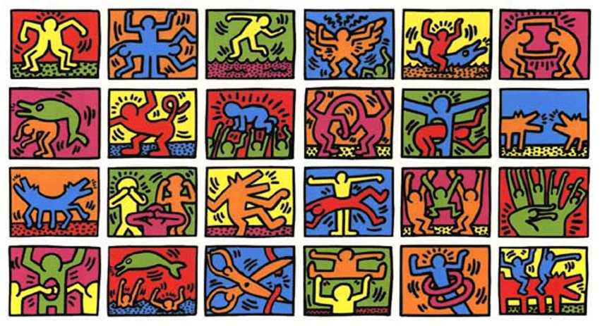 Today's Art Lesson: Keith Allen Haring. Lessons in Quarantine.You have probably seen this art style throughout your life. Its chunky lines and bright colors are very eye catching and make great tye-dye shirts I found at Target. But do you know the history of the artist?
