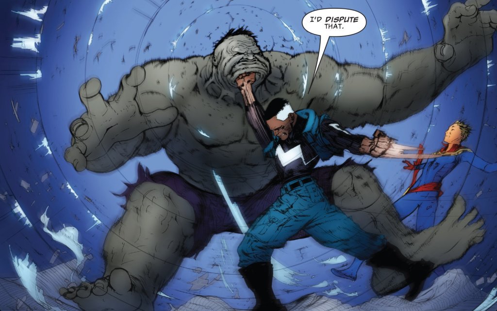 Blue Marvel /Adam Brashear shutting down an Ultimate Hulk sayin they are strongest there is. Wooooooooooo, this that Goat nomination shot right here.