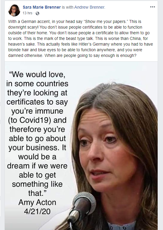 Days after anti-Semitic protests and hours after  @DrAmyActon spoke about hope on Holocaust Remembrance Day, here is Ohio Republican Rep.  @andrewbrenner + his wife comparing Acton (who is Jewish) to Nazi Germany and concentration camps.