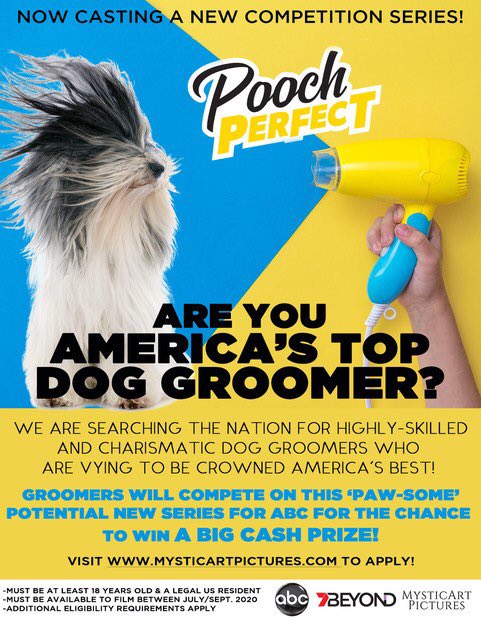 Check it out! <a href="/ABCNetwork/">ABC</a> is casting dog groomers for a new competition series, Pooch Perfect! Go to mysticartpictures.com to apply - good luck!