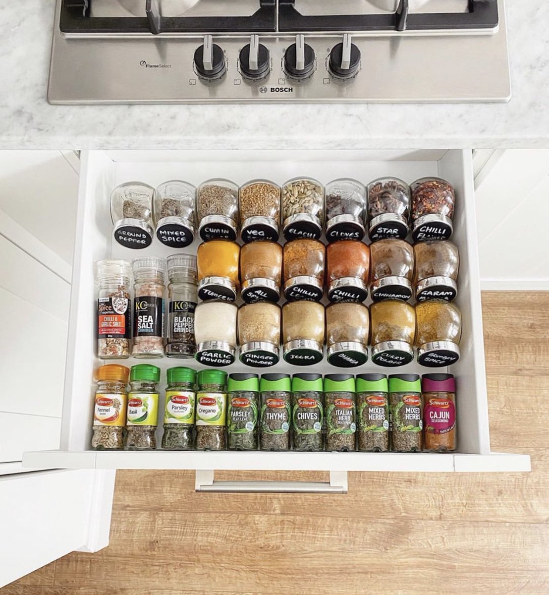 2. Do a sweep of your spices. You can get the spice jar with chalk label set from Amazon.