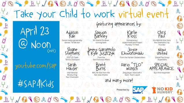 KathFerg's tweet photo. Don't miss #SAP4KIDS on April 23 at 12pm EDT. Join SAP and your favorite celebrities and athletes on YouTube for fun activities, dancing, and conversations. https://t.co/PbPZBePuNn https://t.co/da108ApN4n