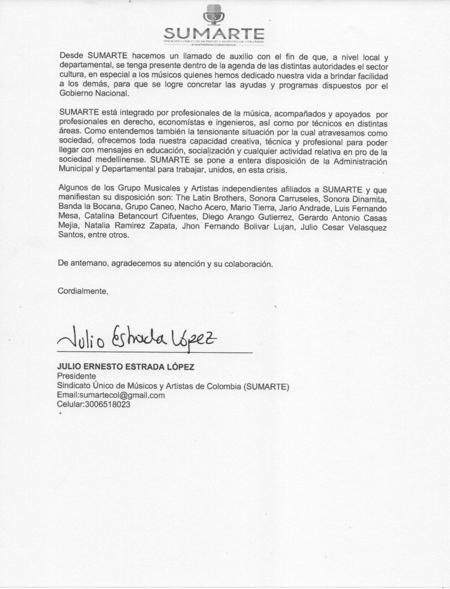 El sector de la cultura golpeado fuertemente por la pandemia.

Músicos y artistas hoy luchan por subsistir, entendiendo que su labor está asociada, a una de las cadenas de la economía que se reactivarán en última instancia. <a href="/QuinteroCalle/">Daniel Quintero 🇨🇴</a> <a href="/LinaGaviriaH/">Lina Gaviria</a>