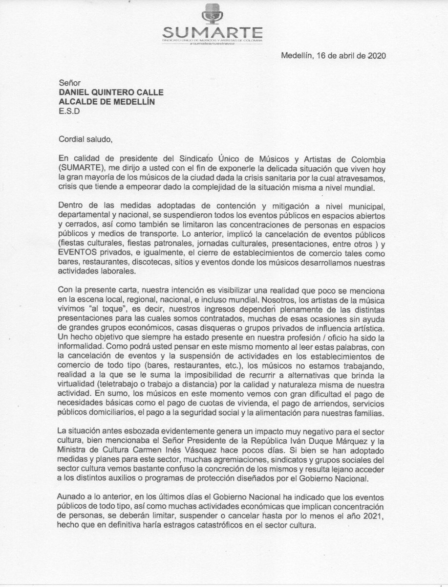 LinaGarciaGanan's tweet photo. El sector de la cultura golpeado fuertemente por la pandemia.

Músicos y artistas hoy luchan por subsistir, entendiendo que su labor está asociada, a una de las cadenas de la economía que se reactivarán en última instancia. @QuinteroCalle @LinaGaviriaH https://t.co/8b8XnxDPao