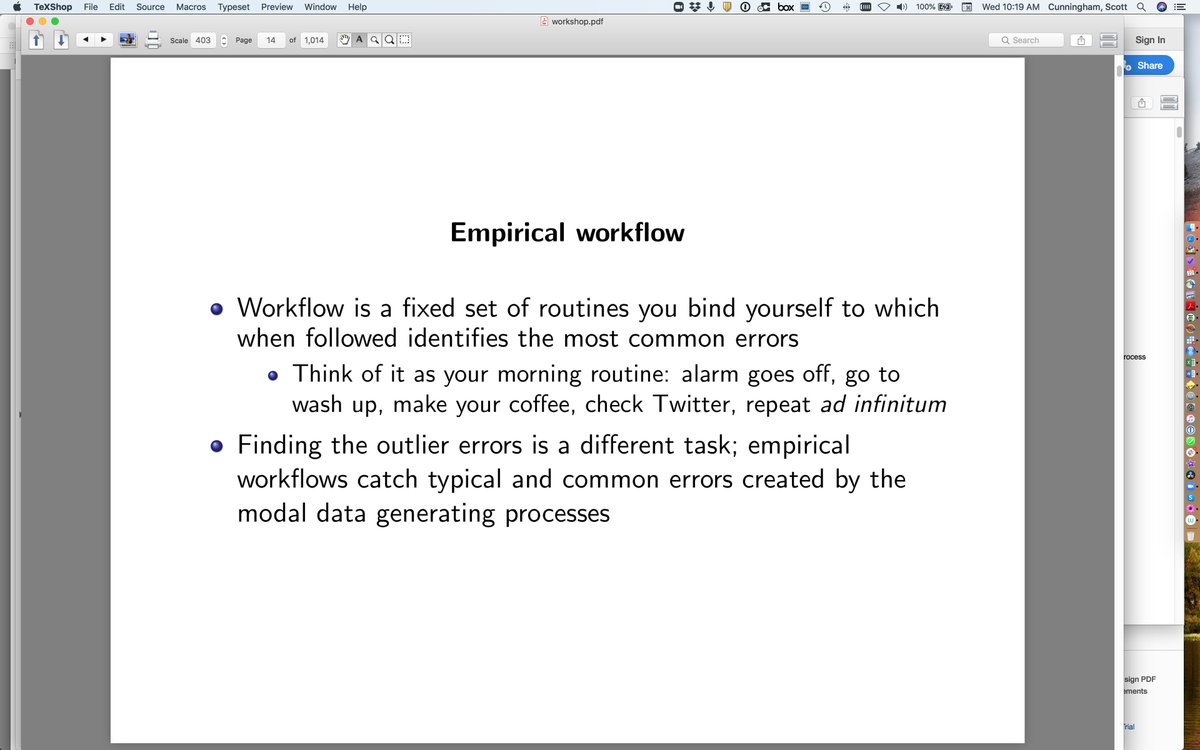 I organize the lecture around the idea of an "empirical workflow" which i define as a repeated set of steps you undertake consistently when first encountering data. I argue here that workflow catches typical errors in the 'modal data generating process' and propose simple steps 2