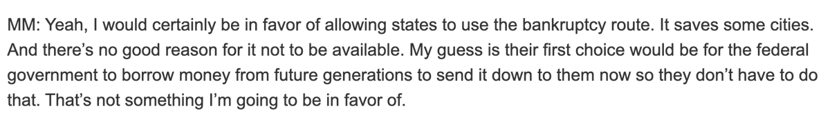 McConnell tells Hugh Hewitt he prefers states be allowed to declare bankruptcy over sending them direct federal aid.