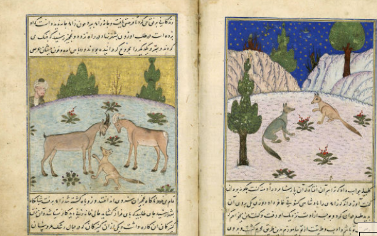 dernier type de manuscrit : Les fables de Kalila et Dimna :D’origine indienne, le livre de Kalila et Dimna ou Fables de Bidpaï, sont une compilation de fables animalières célèbres et ont été adaptées en arabe à partir du 8e s. ici : Kalîla et Dimna,  #Irak, 1392 (BNF)