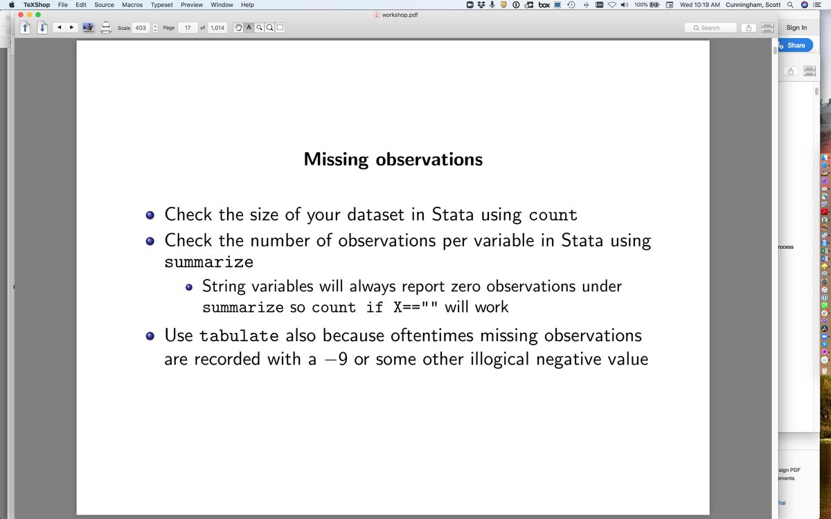 Then it comes down to suggestions. I focus on a few things. First, I focus on missing observations. People should know they have missingness, particularly if they don't see it coming. So simple diagnostics for checking for missingness - summarize, collapse, time series, tab. 4n