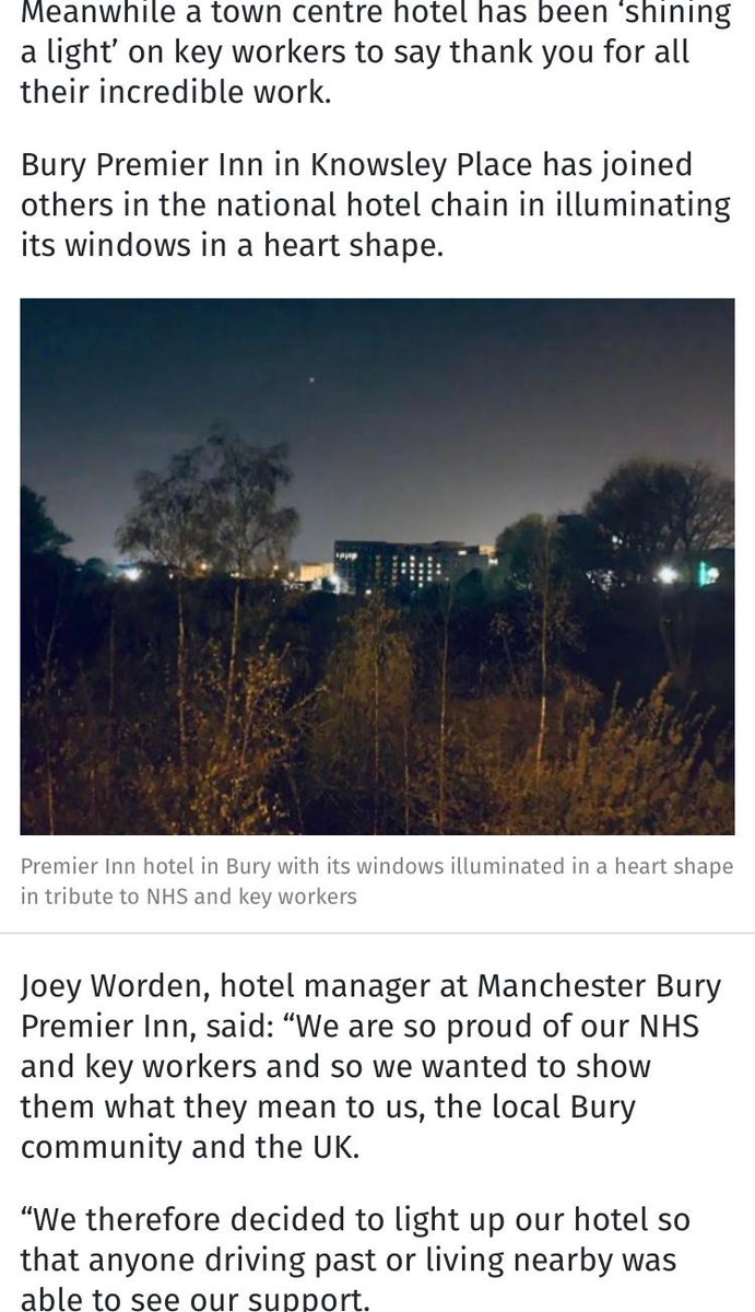 Bury Premier Inn being recognised by 'The Bury Times' for showing support to the NHS 🌈

Link below 😊😊
facebook.com/21344242202649…
<a href="/traceybish/">Tracey bishop</a> <a href="/SDEBDD/">simon ewins</a> 
<a href="/premierinn/">Premier Inn</a>