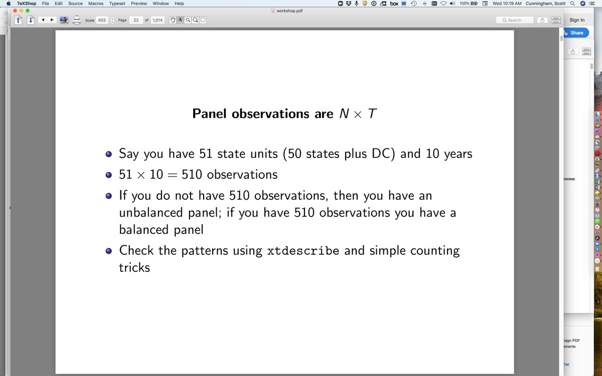 Then I suggest some simple diagnostics for checking for missingness in panel datasets -- the unbalanced panel. How do you spot imbalanced panels? One you can just count and deduce. Two, you can use -xtdescribe-. Three you can use tabulate once you counted the no. panel units