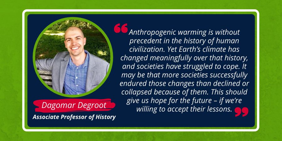 Dagomar Degroot, an associate professor of environmental history in  @GeorgetownColl, works with scientists to uncover climate change history. In the classroom, he leads students through histories of both crisis and resilience to climate change.  #HoyaGreen https://bit.ly/2ytK0RZ 