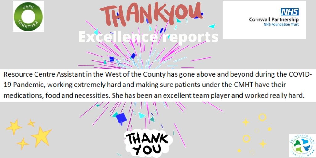 One of many excellence reports fantastic colleagues #NHSCovidHeroes #COVIDkindness #patientsafety #qualityimprovement <a href="/cftpodiatry/">Cornwall NHS Podiatry Service</a> <a href="/cftdigital/">@CFTDigital</a> <a href="/CFTstaffhealth/">CFT Health and Wellbeing</a> <a href="/CFTstaffhealth/">CFT Health and Wellbeing</a> <a href="/CFTWorkforce/">Workforce Transformation & Engagement CFT</a> <a href="/CornwallFT/">Cornwall Partnership NHS Foundation Trust</a> <a href="/CornwallQsir/">QSIR Cornwall</a> <a href="/CHealthLib/">Cornwall Health Lib</a> @SlCornwall <a href="/KernowHealthCIC/">Kernow Health CIC</a> <a href="/KernowHealthCIC/">Kernow Health CIC</a>