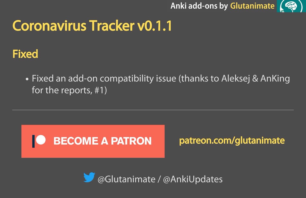 Coronavirus Tracker v0.1.1 is now available on AnkiWeb!: ankiweb.net/shared/info/13…

Let me know what you think via <a href="/glutanimate/">Glutanimate</a>
Support my work: patreon.com/glutanimate

#AnkiAddons #AnkiSRS #Anki #SpacedRepetition