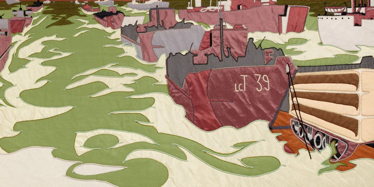 TheDDayStory's tweet photo. The Royal School of Needlework made the museum’s Overlord Embroidery. Here they have used #green fabric to represent choppy seas in the English Channel. What is the ship on the right carrying? #rainbowsofhope #hantsdaysout #hantsdaysin #museumathome #overlordembroidery https://t.co/pTzgZkn7RO