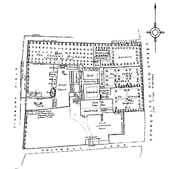 Holywell Priory, Austin Nuns, founded early 12thc by London Cathedral, gross £347. Precinct is huge. On its west side in 1576 a certain Richard Burbage took out a leased to found "The Theatre", London's first playhouse. A Wills Shakesbag had some performances staged there.