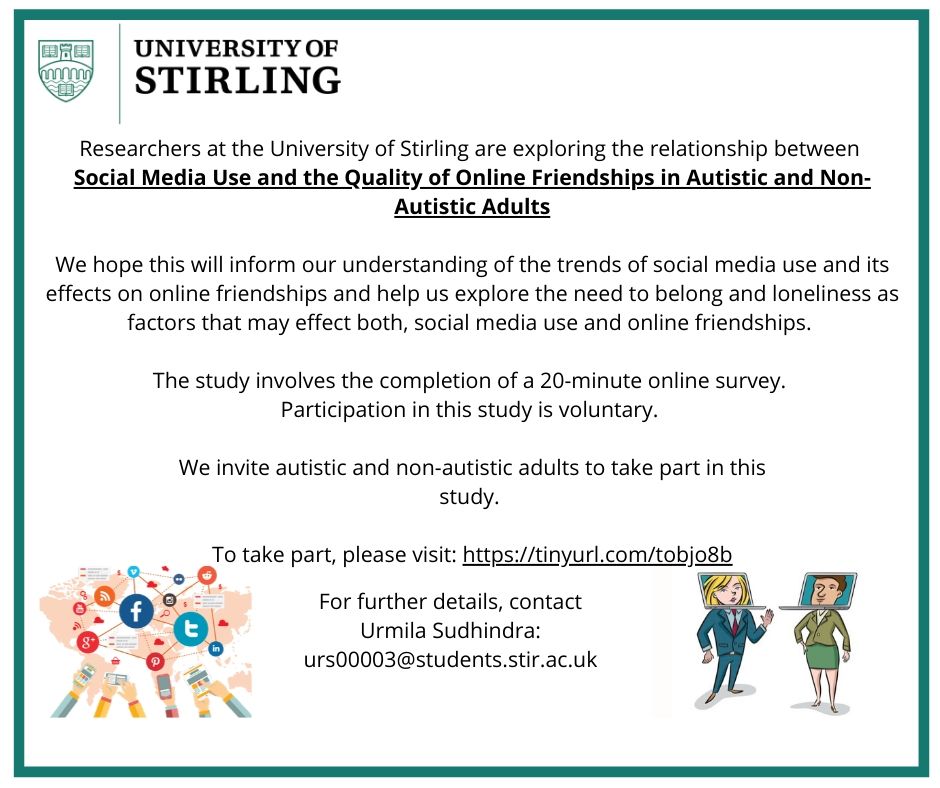My last call for autistic participants to complete an online survey about social media use and quality of online friendships. Please take the time & RT!
tinyurl.com/tobjo8b 
#AskingAutistics #ActuallyAutistic #AttentionAutism 
Thank you for your time!