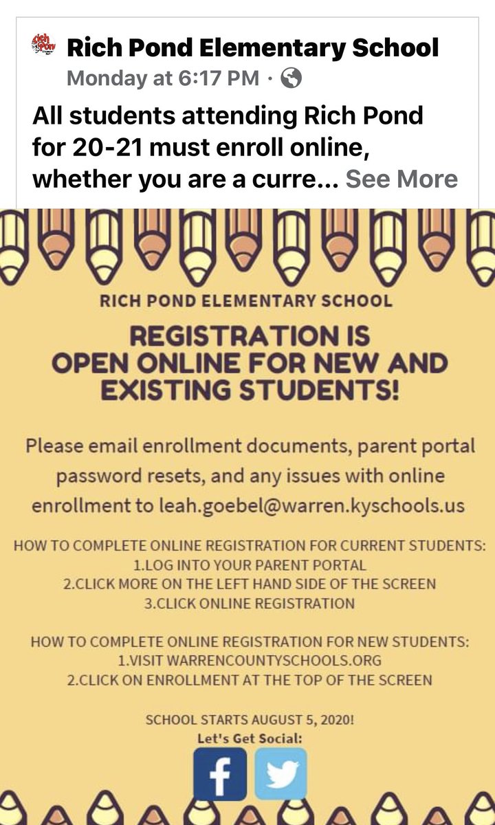 AClardyGRREC's tweet photo. ⁦@RichPondElement⁩ parents, this is extremely important to our preparing adequately for the 20-21 school year. By completing this now you allow us to adequately staff our school and begin the school year with the best teacher:student ratio🐾. #yourenrollmentnowmatters https://t.co/SwWMoGe3T9