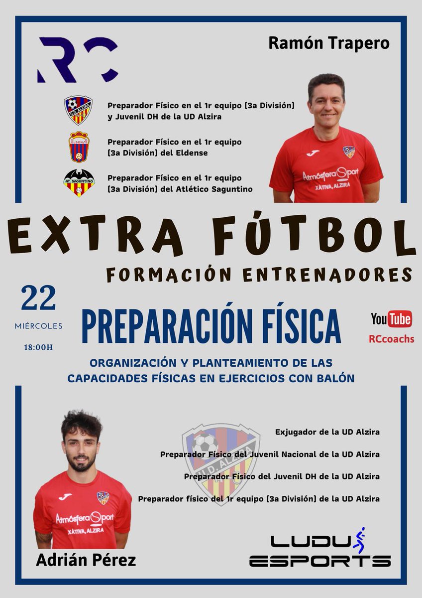🖼| Hoy a las 18h, Adri Pérez, preparador físico del primer equipo, y Ramón Trapero, del Juvenil División de Honor 🔝 participarán en las ponencias de 'Extra Fútbol' organizadas por <a href="/RCcoachs/">RCcoachs</a> y <a href="/LudusEsports/">Ludus Esports</a>.

Visualizalo en directo en el siguiente canal:

youtube.com/channel/UCeRta…