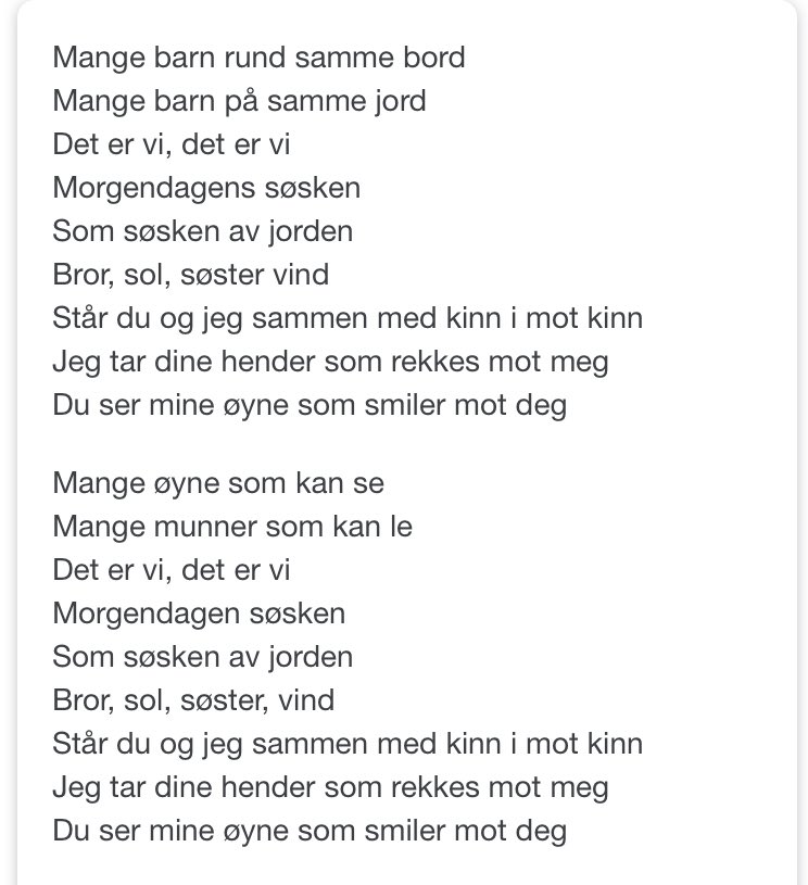 I dag morges hørte jeg sønn (17) synge denne sangen. Han sang ikke rent og uttalen var utydelig, men det var så vakkert! Jeg skal gjemme denne skatten💙. #morgendagenssøsken #løvemammatweet