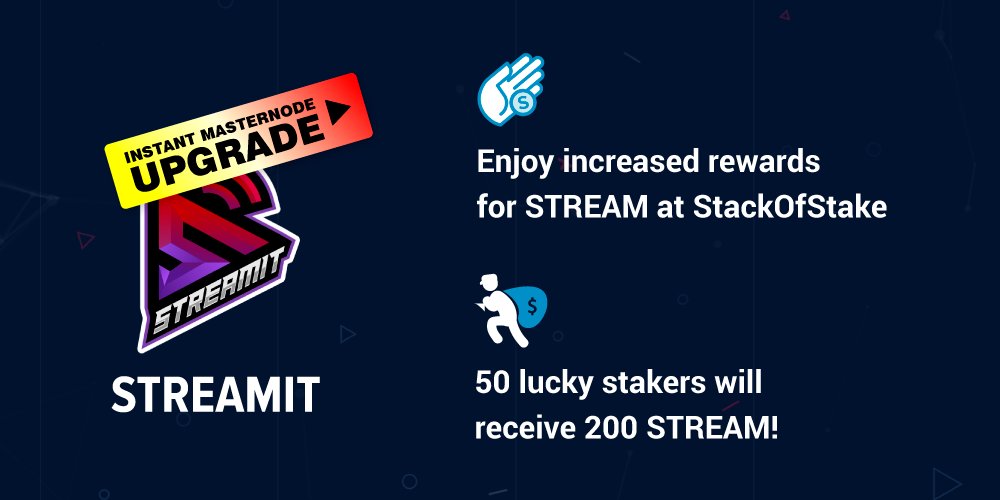 Woohoo 🔥 Hot news: <a href="/STREAMITCOIN/">STREAMIT</a> was upgraded to instant shared #masternode at our platform!

To celebrate this event we are airdropping 200 $STREAM to 50 users 💸

All you need is to 1⃣ follow <a href="/STREAMITCOIN/">STREAMIT</a>, and 2⃣ be an active user at stackofstake.com
