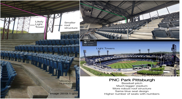 We found an arena with almost identical blue seats: PNC Park in Pittsburgh, home to the Pirates. When comparing the roof structures and seat distribution, we concluded  #G2312019 was definitely a baseball arena, but likely much smaller than PNC Park.