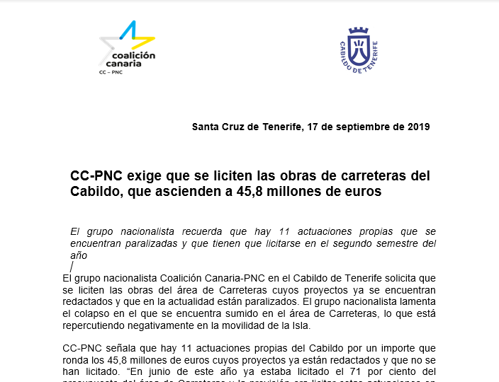 CCCabildoTfe's tweet photo. El periódico @eldia se hace eco de la licitación de siete obras de Carreteras que estaban preparadas desde julio de 2019. Hemos reclamado en reiteradas ocasiones que se agilizaran y han tardado 9 meses en sacar adelante proyectos que ya estaban hechos https://t.co/irXLQXl7Qo