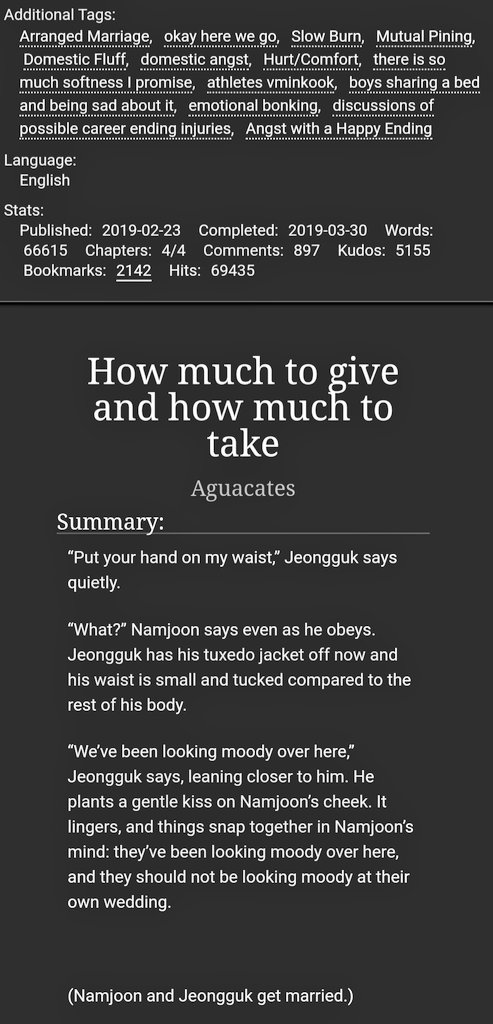 How Much to Give and How Much to Take by  @virgocrushes #namkook. completed. arranged marriage. this gives me a lot of feelings every time i read it. http://archiveofourown.org/works/17900147 