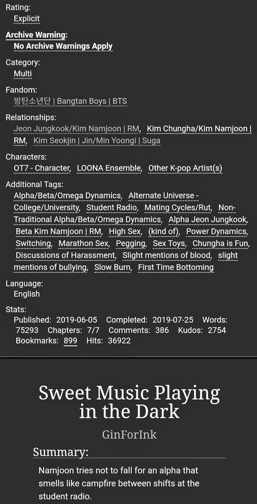 Sweet Music Playing in the Dark by  @GinforInk #namkook. completed. abo dynamics. soft koo. i have a crush on chungha. http://archiveofourown.org/works/19104712?view_full_work=true