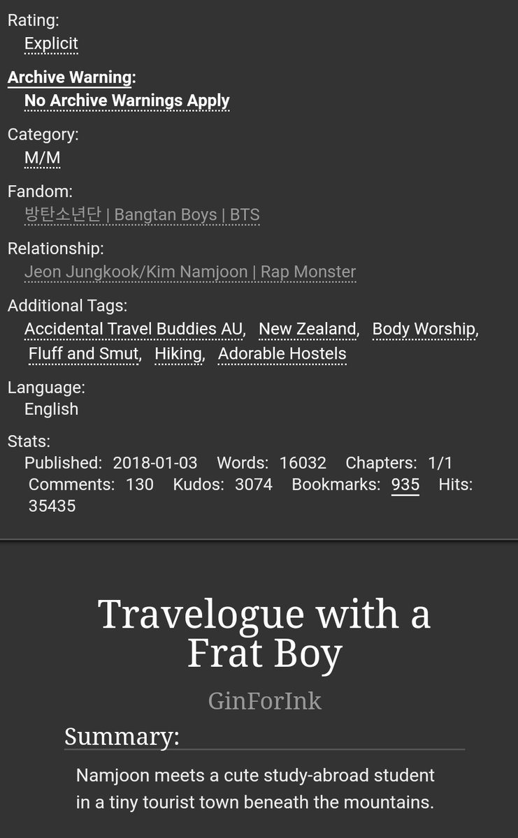 Travelogue with a Frat Boy by  @GinforInk #namkook. completed. university student kook. i also would like to hike avalanche peak.