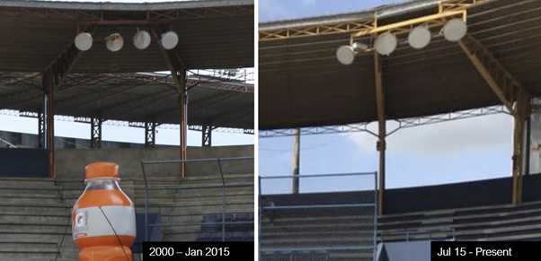20 years of images revealed a redecoration of the stadium took place between Jan - Jul 2015. The steel structure changed from red to yellow & the steps were changed to blue. Thus,  #G2312019 was most likely produced in or before July 2015.  @europol  #StopChildAbuse  #TraceAnObject