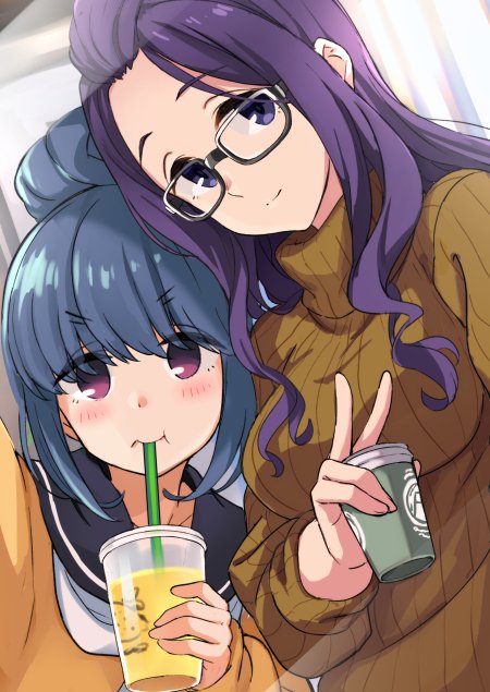 shima rin selfie multiple girls 2girls blue hair glasses purple eyes sweater  illustration images