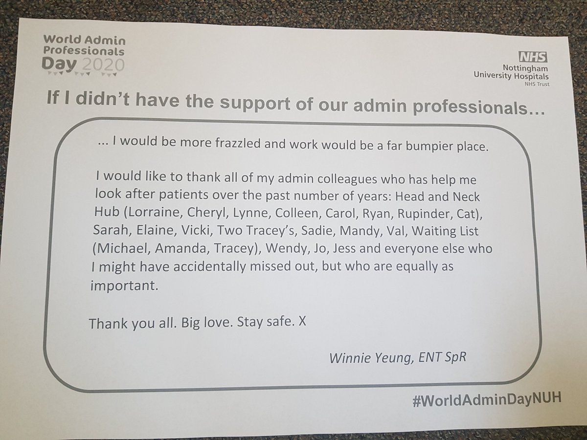 ENT_NUH's tweet photo. In ENT we are one big team providing for our patients, and ENT clinicians are grateful for their admin support #worldadminday @NUHsurgery @NUHAdminMgmt @TeamNUH https://t.co/8FIYbgmx2O