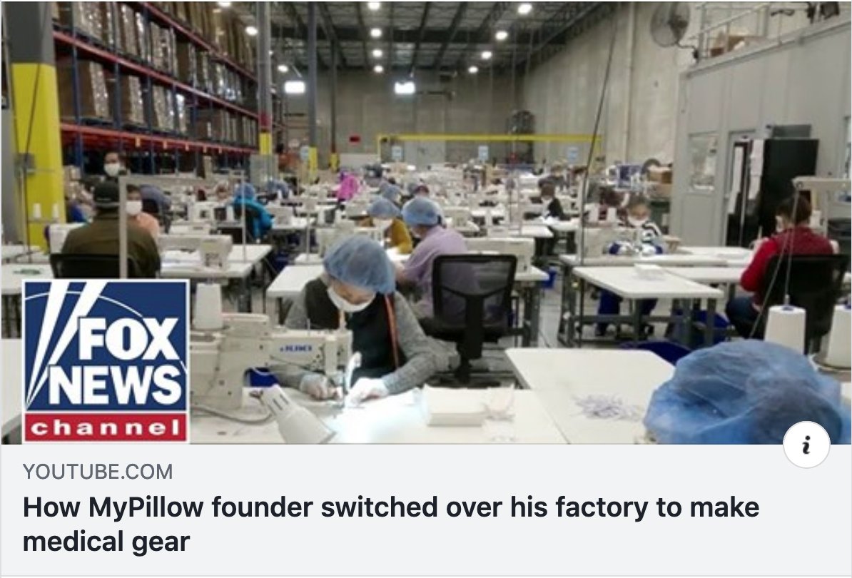 We’ve seen factories, like  @MyPillow, retool their production line to change from making home goods, to making face masks. We’ve seen factories, like  @Ford, and  @GE, retool their production line to go from making cars to making ventilators.