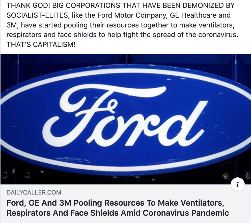 We’ve seen factories, like  @MyPillow, retool their production line to change from making home goods, to making face masks. We’ve seen factories, like  @Ford, and  @GE, retool their production line to go from making cars to making ventilators.