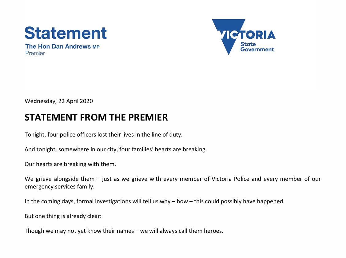 The Premier, Daniel Andrews, has released the following statement following tonight's tragedy on the Eastern Freeway.