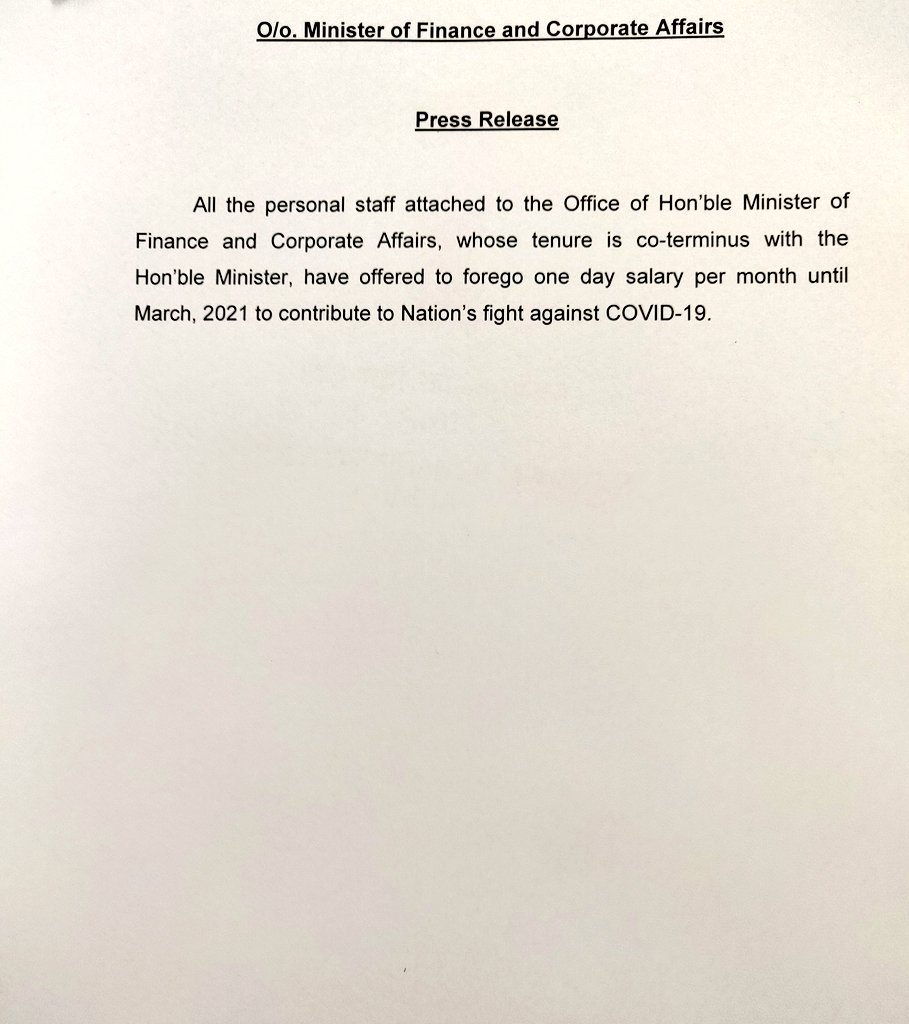 nsitharamanoffc's tweet photo. All the personal staff whose tenure is co-terminus with Hon'ble Minister of Finance and Corporate Affairs, Smt @nsitharaman have offered to forego one day's salary every month until March, 2021 to contribute towards the nation's fight against Covid-19.

#IndiaFightsCorona https://t.co/0OKWFWn7Tk