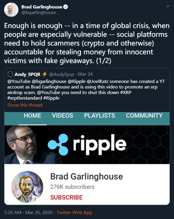 C2CXExchange's tweet photo. Ripple has filed a lawsuit against #YouTube , accusing the streaming giant of failing to crack down on scam videos. @bgarlinghouse @Ripple @Ripple_XRP1 #C2CX #scamvideo #crypto #cryptocurrency https://t.co/vUGEcifAK1