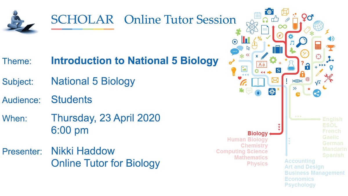 ScholarUK's tweet photo. Moving on to National 5 Biology?

Join us at 6:00 pm, Thursday 23 April
https://t.co/v2ClprbiJs

#National5Biology #supportingyourlearning https://t.co/oEjkTn0kOF
