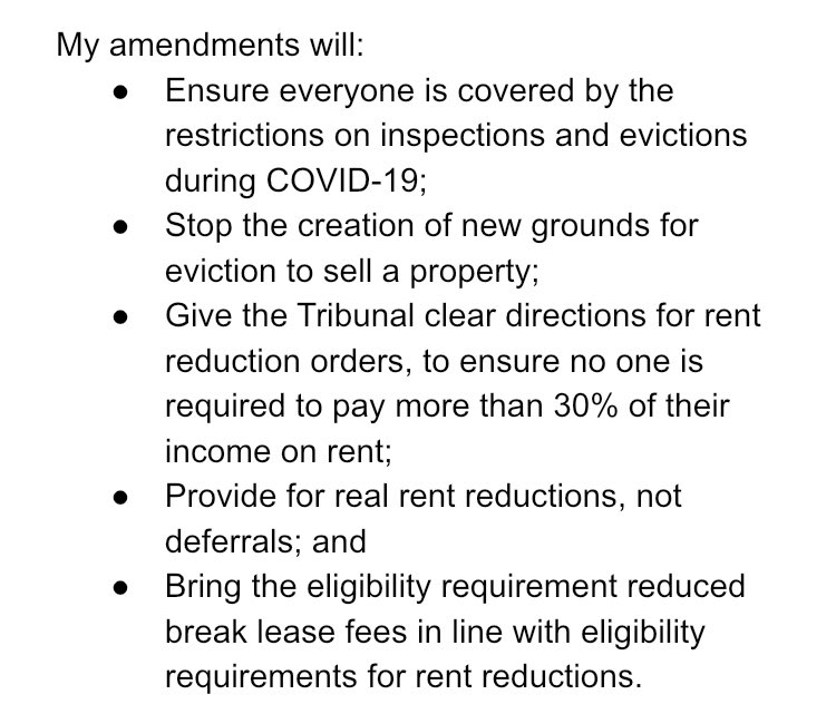 And here is the brief summary of the amendments I had planned to introduce to the government’s COVID-19 tenancy provisions. They’re based on an idea that seems foreign to the major parties: that housing is a human right, not just a speculative commodity.