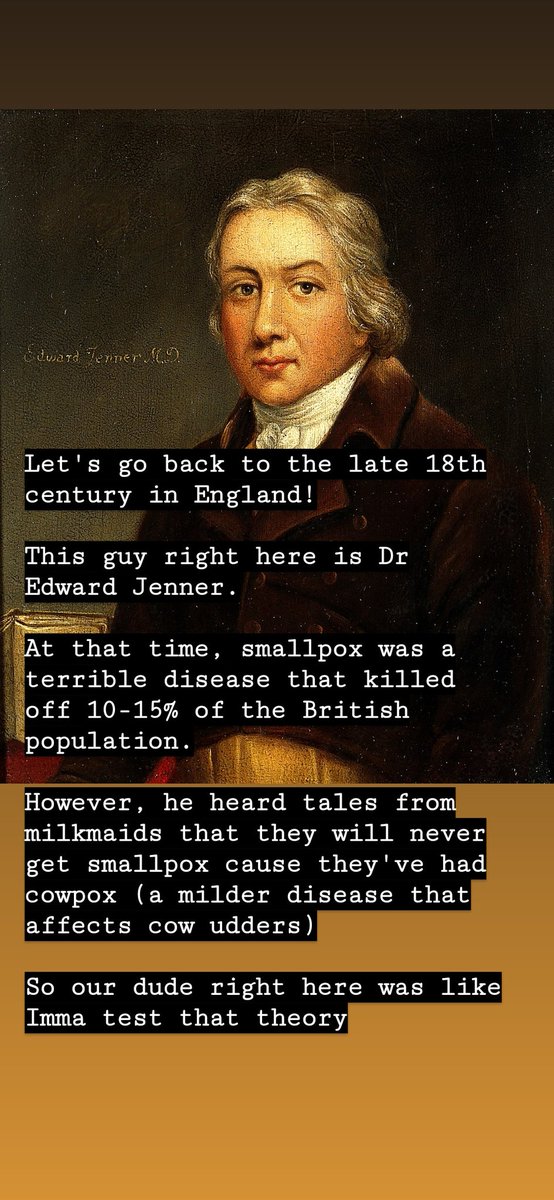 Hellu Twitter! In light of the recent discussions around vaccination, here is what I will like you to know about the modern marvel of medicine wooo let's goooooIt all started with Dr Edward Jenner and his mission to eradicate smallpox