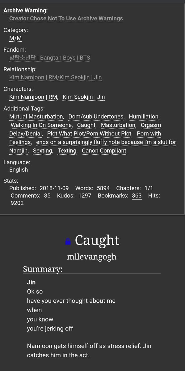 Caught by mllevangogh (sorry idk their twt handle) #namjin. completed. stressed namjoon.  http://archiveofourown.org/works/16571393 