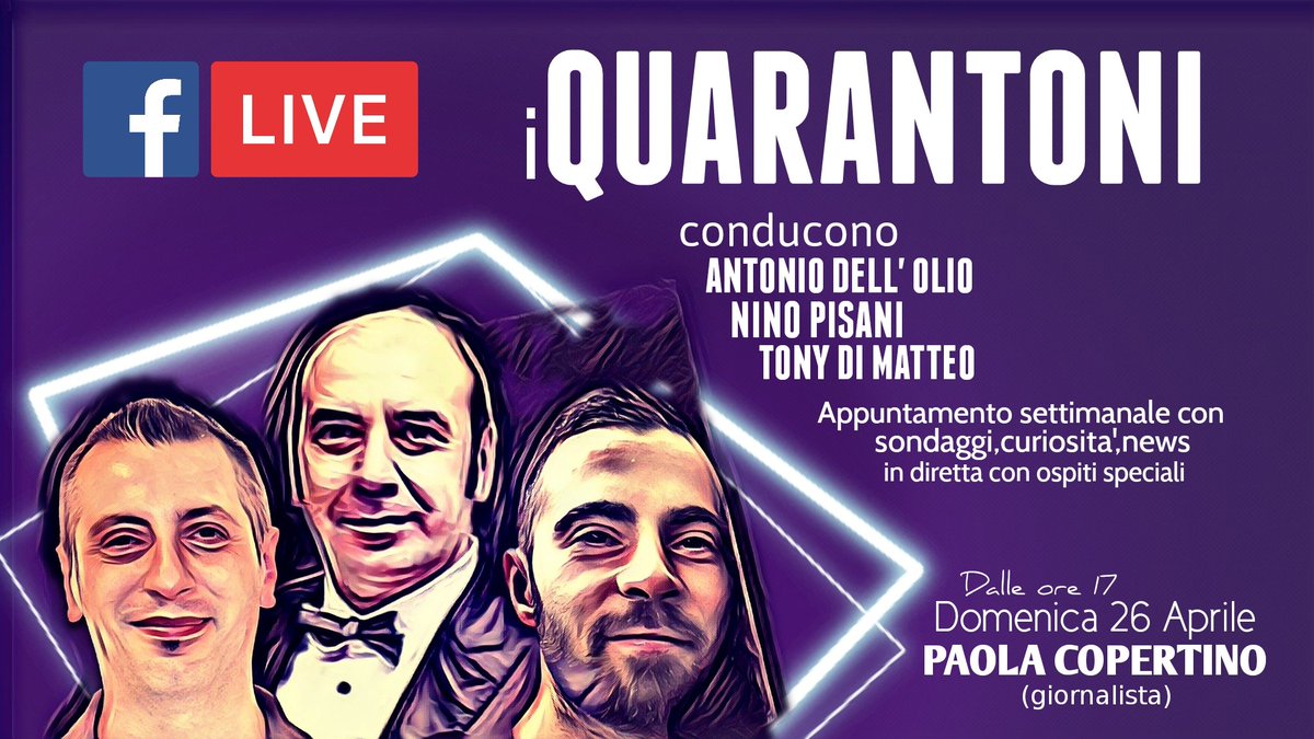 iQuarantoni's tweet photo. Ci vediamo domenica 26 Aprile dalle ore 17 con i Quarantoni. Ospite della puntata la giornalista Paola Copertino. 
https://t.co/AaT6h63Hf2
#livestreaming #quarantoni #attualita  #opinioni #ospiti #musica #sport #direttafacebook
#italia #roma #intrattenimento https://t.co/IKWyNVuQfk