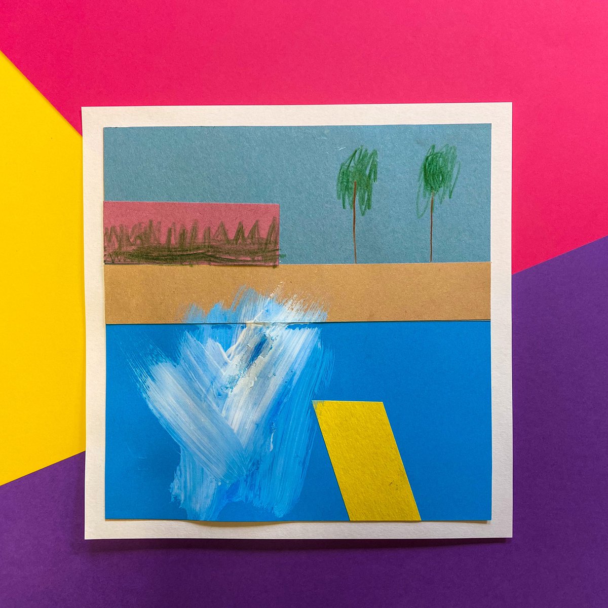 artjohnmayson's tweet photo. My new art tutorial is about #davidhockney ‘s painting #abiggersplash which obvs means I have to make it look like I have an LA swimming pool in my garden in #Wakefield. ❤️ a creative challange. #edutwitter #artlessonideas #primaryschoolart #arteducation #creativequarantine https://t.co/t5ETWV9g9G