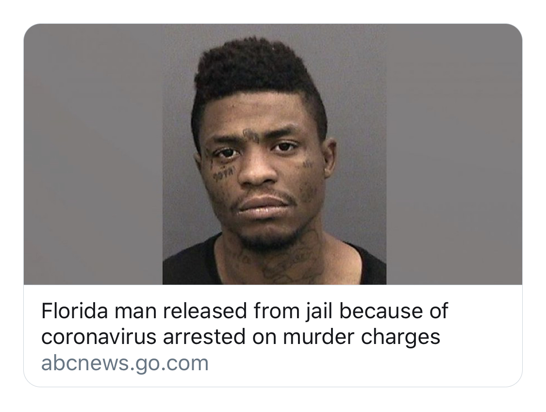 We should not haphazardly release criminals in fear of the possibility of a health risk. Take for instance the 35-time arrested criminal in Florida, who was re-released…only to murder someone the following day. Now that family of the victim has every reason to sue the city.