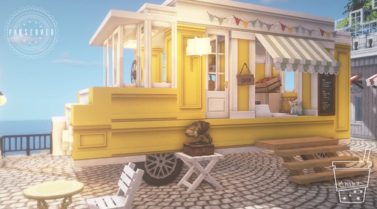 Twitter 上的 Chika 海の見える広場にキッチンカーを作りました ๑ ᴗ カラフルなドリンクを飲みながら寛げる席もご用意してます ˊᵕˋ Minecraft Cocricot ぱん鯖 T Co Qoxtau2exd Twitter