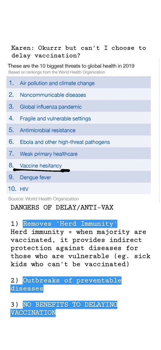 If you want to know why anti-vax is dangerous, it removes herd immunity, causes outbreaks of preventable diseases such as measles and mumps, & there is NO BENEFIT TO DELAYING VACCINATION.THIS IS WHY ITS NO. 8 ON WHO'S BIGGEST THREAT TO GLOBAL HEALTH