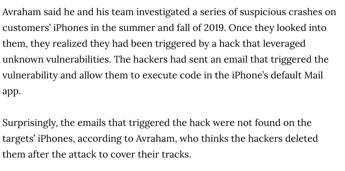 New: researchers say they caught hackers exploiting a remote zero-click exploit for iPhones in the wild. 

The bugs are not yet patched, but Apple says it will patch them in the next iOS release. 

vice.com/en_us/article/…